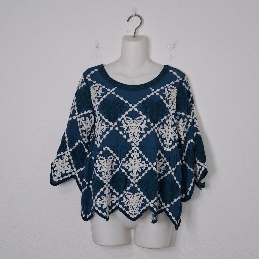Anthropologie Kindred Blouse Babydoll Sz S Crochet Embroidered Boho Festival